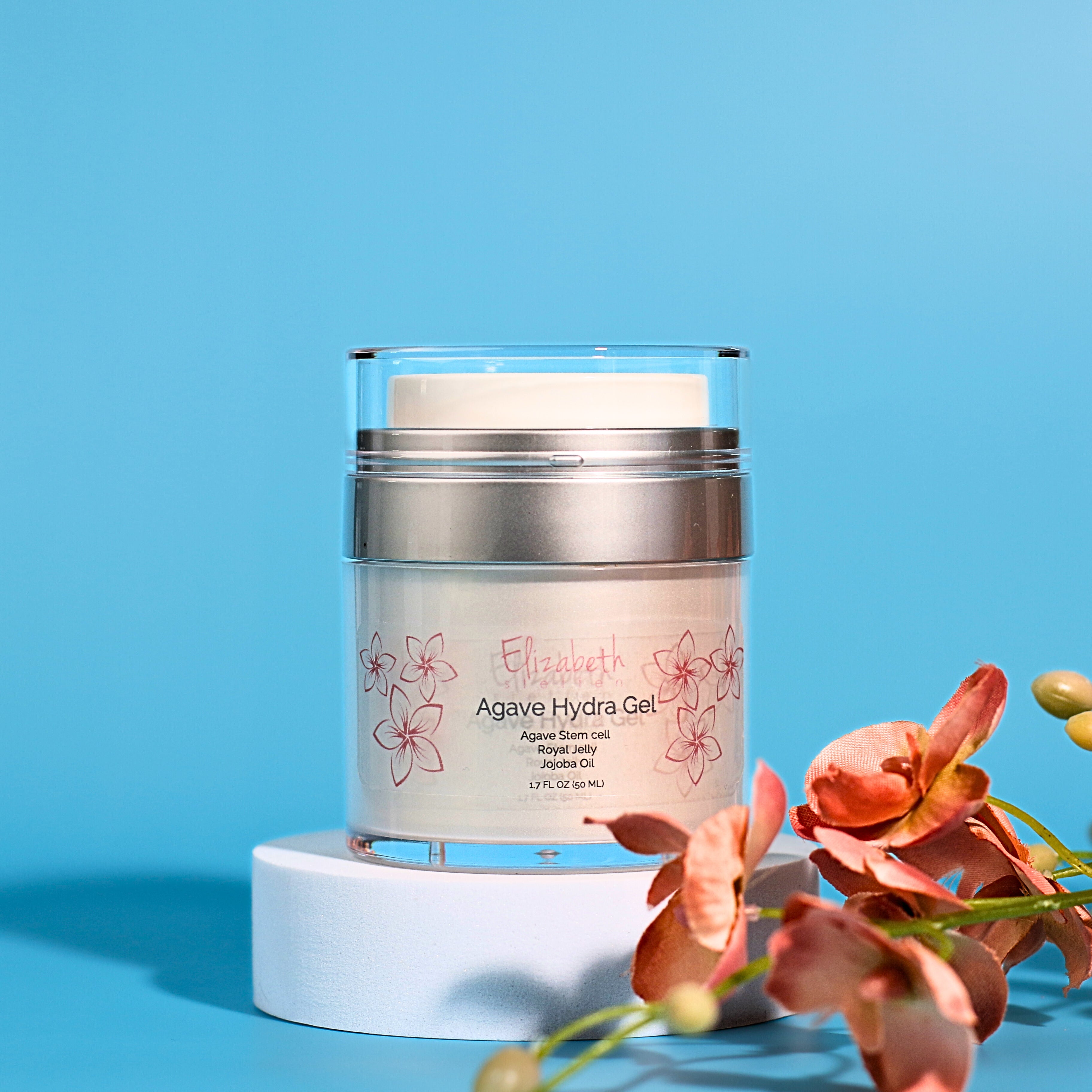 Rejuvenating skincare product with agave stem cells, bee complex, and bamboo extract for hydrated, youthful-looking skin.